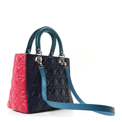 Lambskin Cannage Medium Tri-Color Lady Dior Sapphire Fuchsia Turquoise