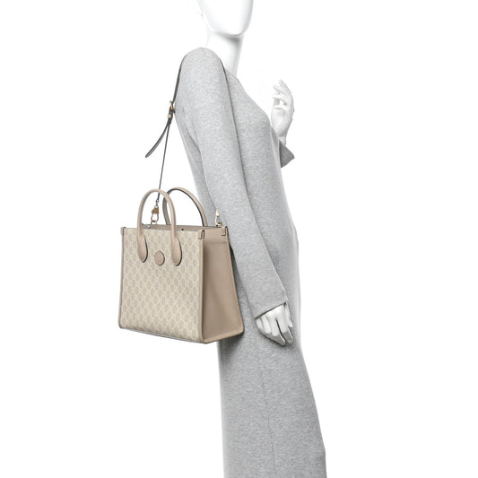 GG Supreme Monogram Textured Dollar Calfskin Small Retro Interlocking G Tote Bag Beige Mystic White Oatmeal