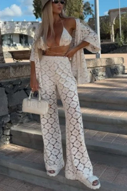Conjunto de camisa de manga corta con encaje y pantalones anchos con cintura elástica y flores de crochet para las fiestas