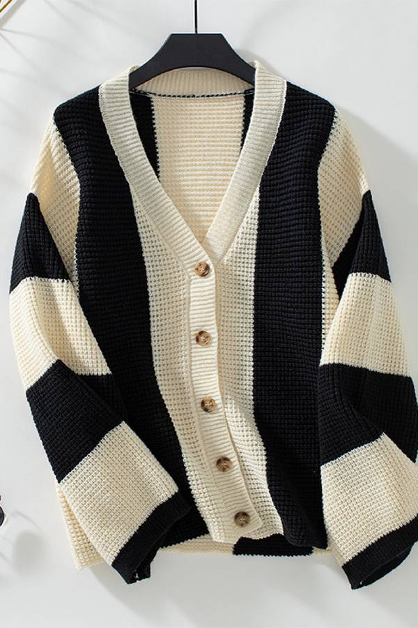 Suéter tipo cárdigan de rayas contrastantes para mujer, camisa informal holgada de punto para otoño e invierno. 