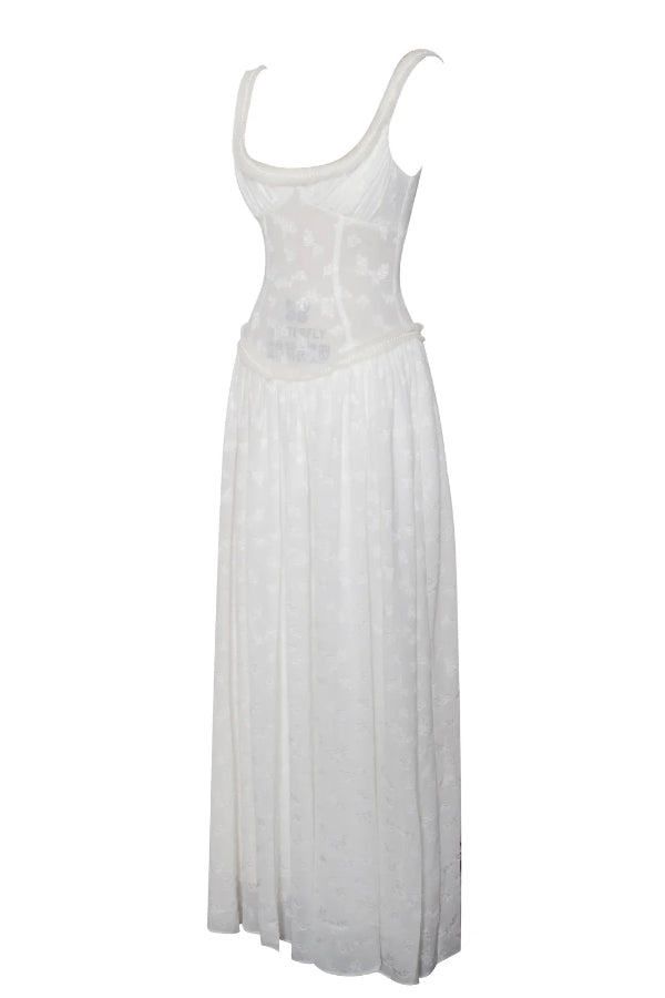 Vestido largo Ulissa verde claro con escote cuadrado, textura jacquard y abertura alta
