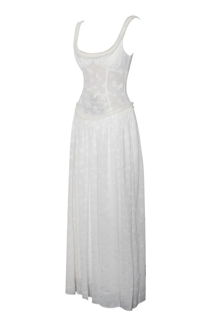 Vestido largo Ulissa verde claro con escote cuadrado, textura jacquard y abertura alta