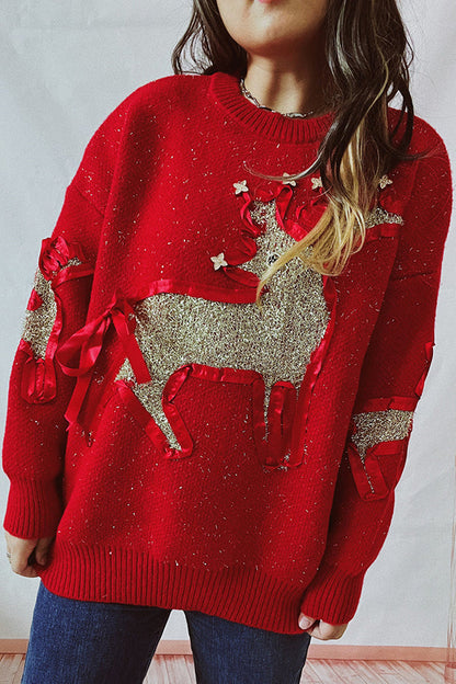 Suéter de punto de cuello redondo y manga larga con estampado navideño
