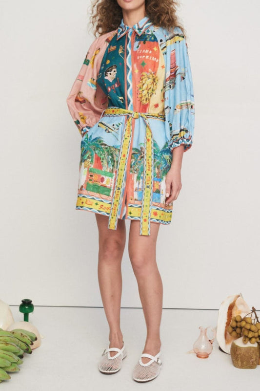 Vestido camisero corto con cinturón y bolsillo y mangas abullonadas con estampado único de mezcla de lino