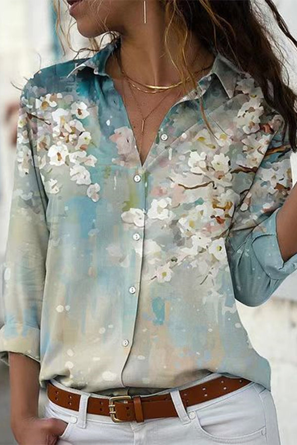 Camisa informal de moda con solapa y manga larga estampada
