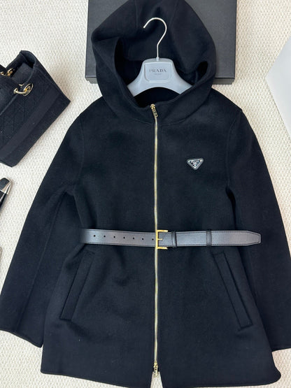 Prada 25 Mid-length Hooded Coat Black Wool 637355