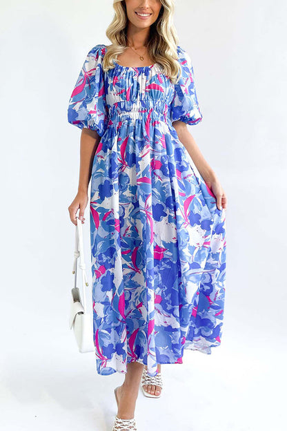 Elegante vestido largo con cuello cuadrado y mangas abullonadas estampadas 