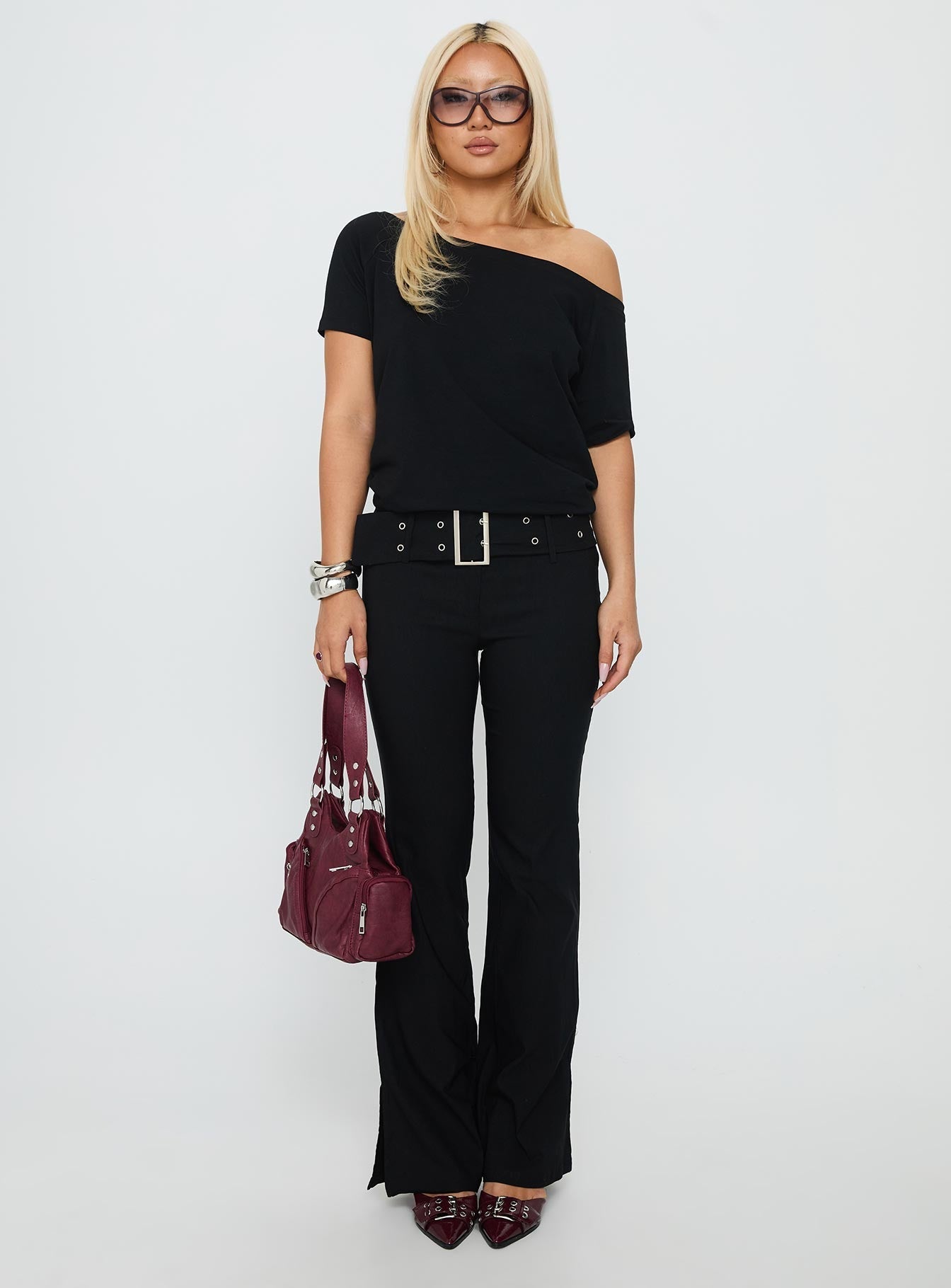 Kortnee Eyelet Detail Flare Leg Pants Black