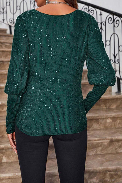 Top holgado de manga larga con cuello redondo y lentejuelas de color liso