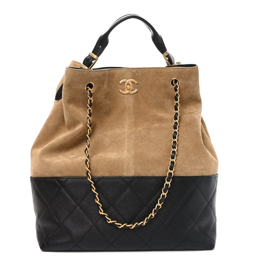Suede Shiny Lambskin Quilted Large Shopping Bag Beige Black
