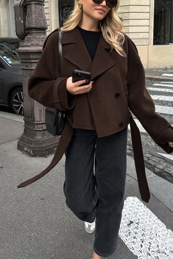 Chaqueta de lana de doble hilera con solapa y temperamento para mujer