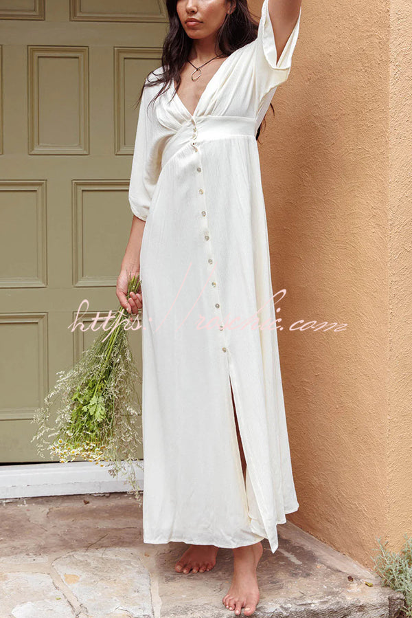 Solid V-neck High Waisted Single Breasted Ultra Maxi Dress
