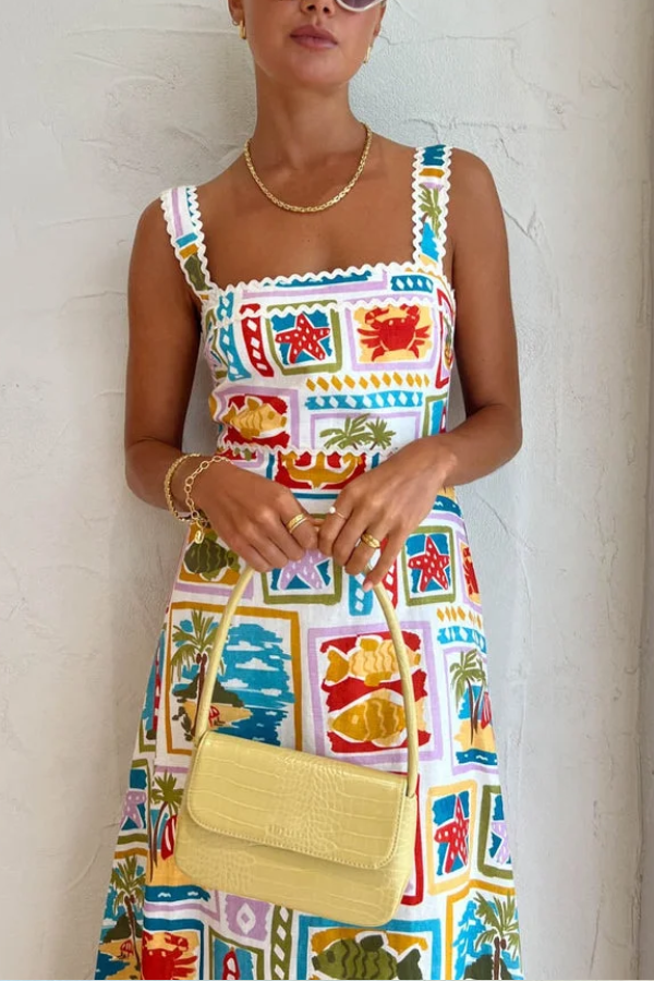 Vestido largo con tirantes y borde ondulado con impresión artística de pintura al óleo vintage