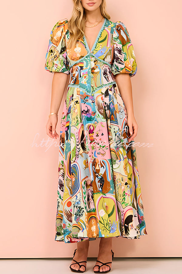 Exquisite Unique Printed V Neck Puff Sleeve Maxi Dress