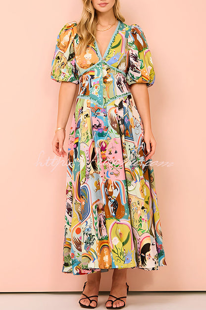 Exquisite Unique Printed V Neck Puff Sleeve Maxi Dress