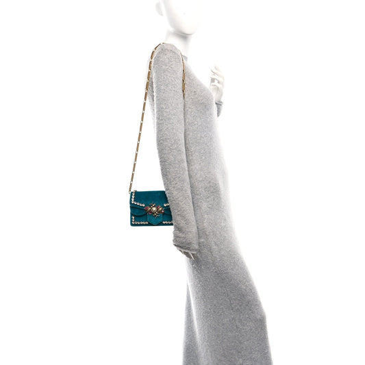 Velvet Crystal Mini Bee Broadway Shoulder Bag Pavone Cyan