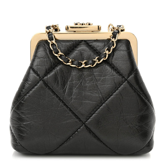 Shiny Aged Lambskin Quilted Kiss Lock Clutch With Chain Black
