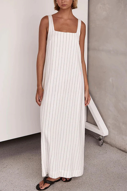 Vestido largo sencillo y deslumbrante de mezcla de lino con detalle de raya diplomática y escote cuadrado.