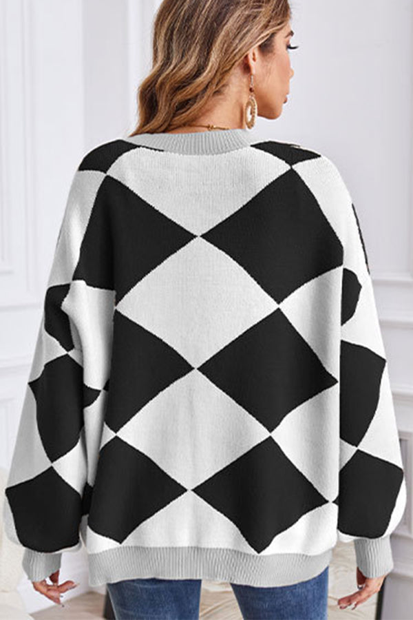 Chaqueta holgada informal de punto con cuello en V y diseño de patchwork geométrico en contraste