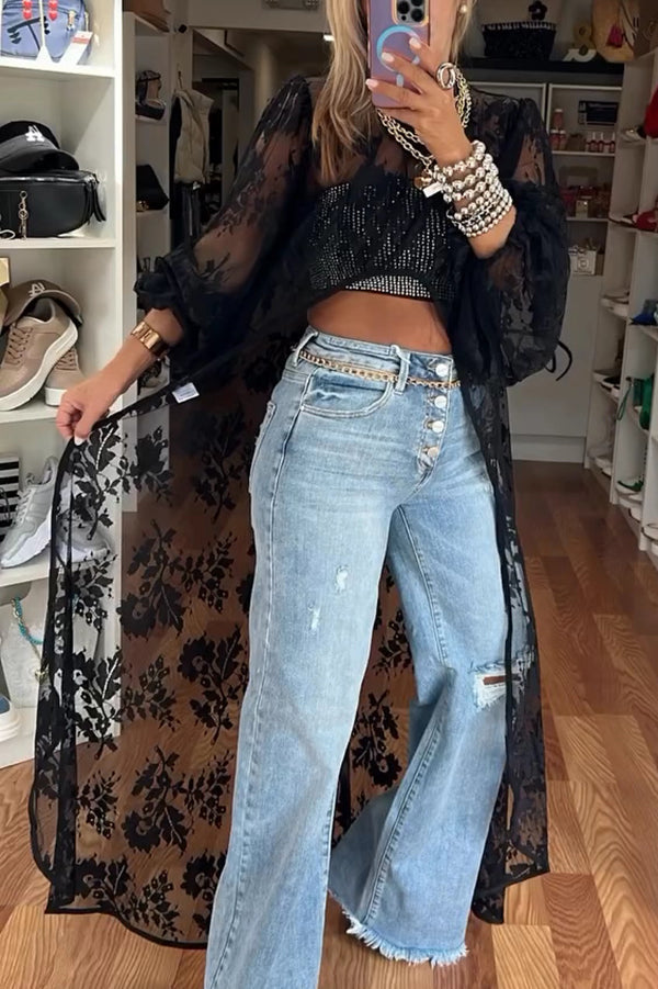 Top largo asimétrico con cuello alto y mangas abullonadas con estampado de encaje Tanya