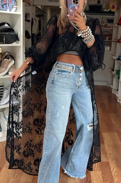 Top largo asimétrico con cuello alto y mangas abullonadas con estampado de encaje Tanya