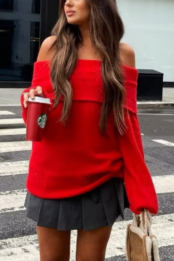 Suéter sexy ajustado de color liso con escote de hombros descubiertos 