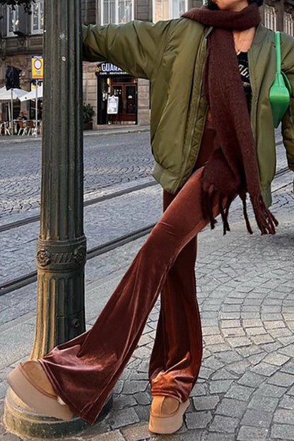 Pantalones de terciopelo de color sólido elásticos de cintura alta ajustados casuales de corte bota para mujer pantalones de moda