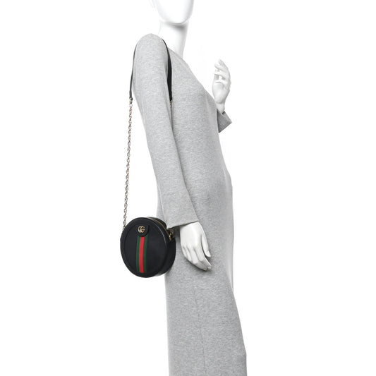 Grained Calfskin Web Mini Ophidia Round Shoulder Bag Black