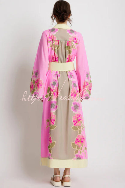 Linen Blend Floral Print Casual Cardigan Lace-up Maxi Dress