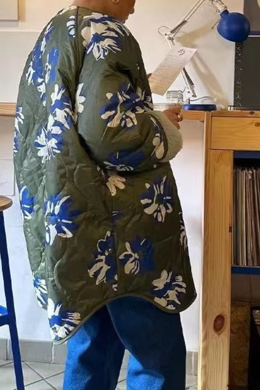 Chaqueta fina de algodón con cuello redondo y botonadura sencilla con estampado floral 