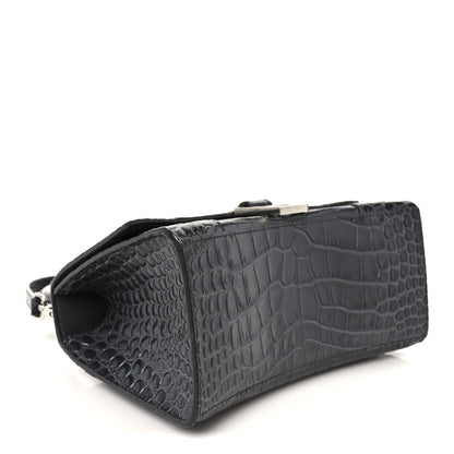 Shiny Calfskin Crocodile Embossed Small Hourglass Top Handle Bag Dark Grey
