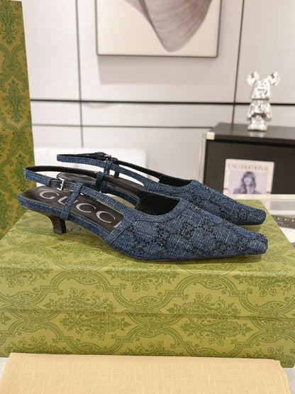 GG CRYSTALS SLINGBACK PUMP DENIM FABRIC