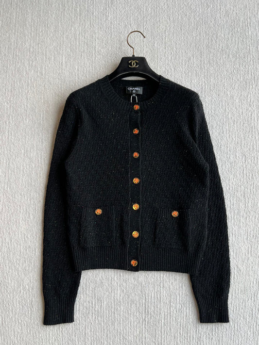 CC 25A Classic Round Neck Floral Wool Cardigan In Black 275516