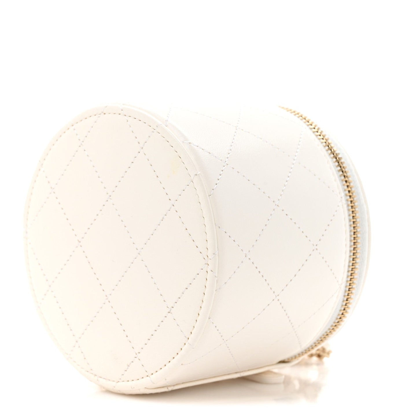 Lambskin Quilted Round Small Vanity Case With Chain White Black