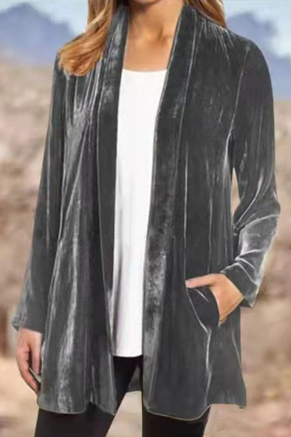 Blazer tipo cárdigan informal de terciopelo dorado de color liso