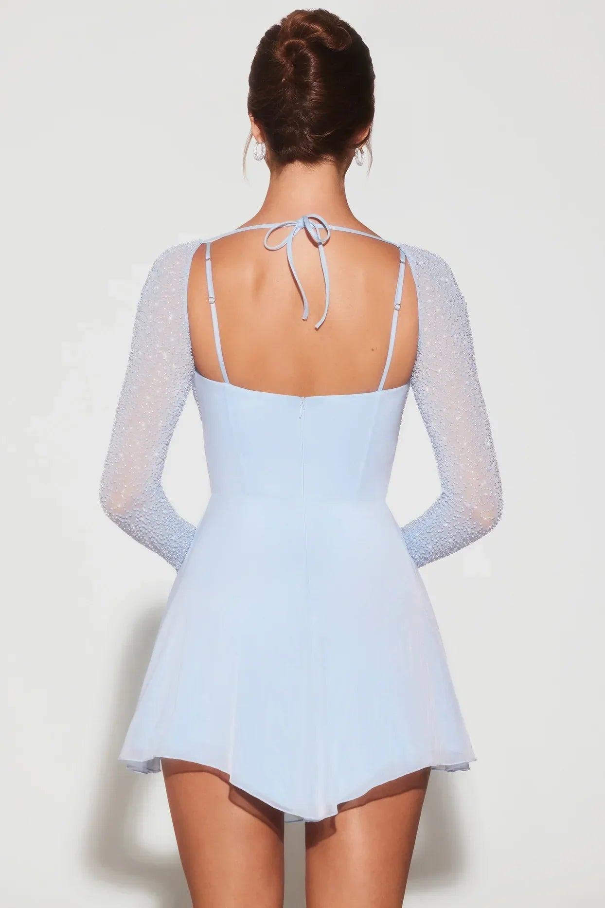 Naples Embellished Long Sleeve Angled Hem Mini Dress in Blue