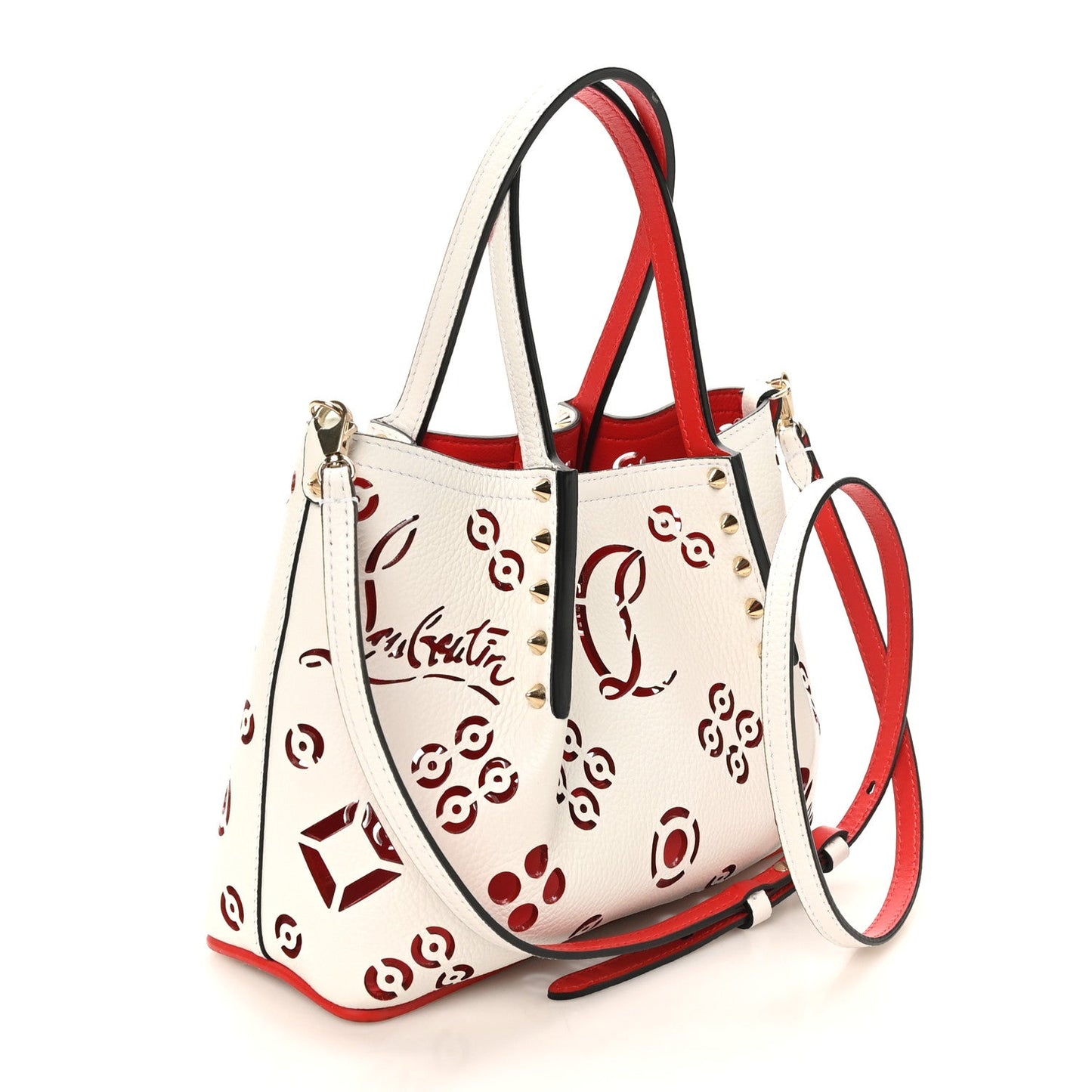Calfskin Loubinthesky Mini Perforated Cabarock Spikes Tote White