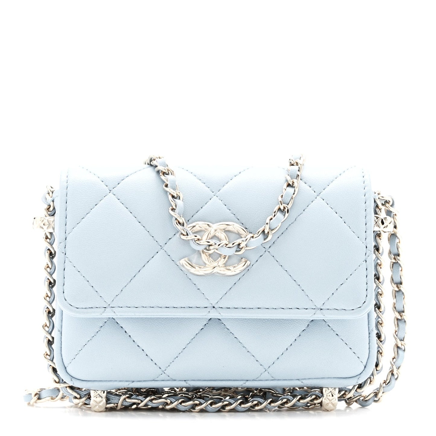 Lambskin Quilted Chain Around Coin Purse With Chain Light Blue