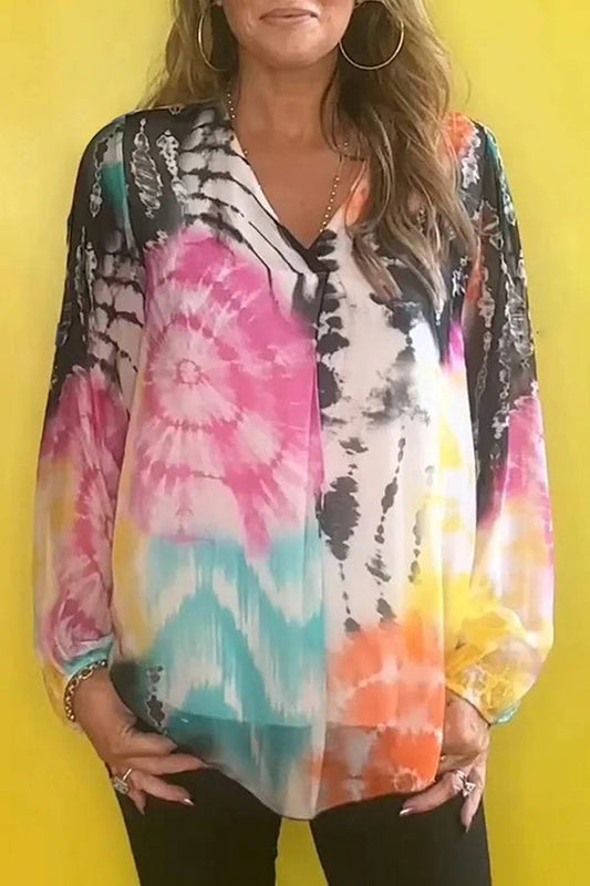 Camisa informal de manga larga con cuello en V y efecto tie-dye degradado de moda