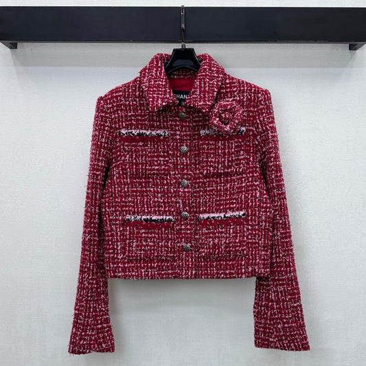 Chanel 25 Coat With Lapel Brooch Red Wool 319938
