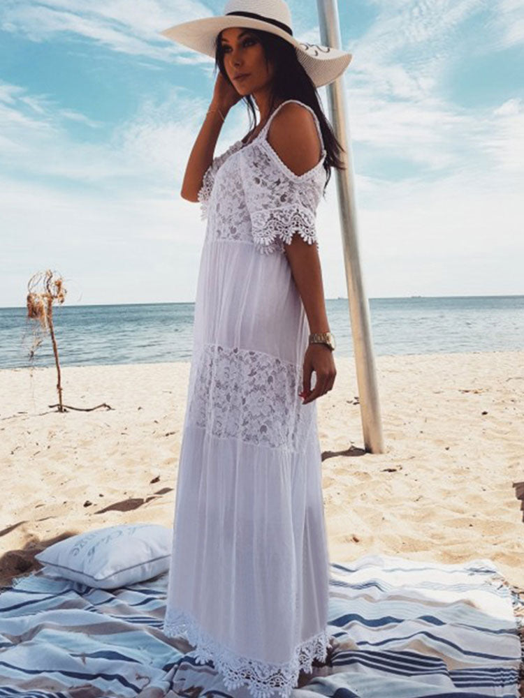 White Boho Dress Women Maxi Dress Lace Half Sleeve Cold Shoulder Beach Dress
