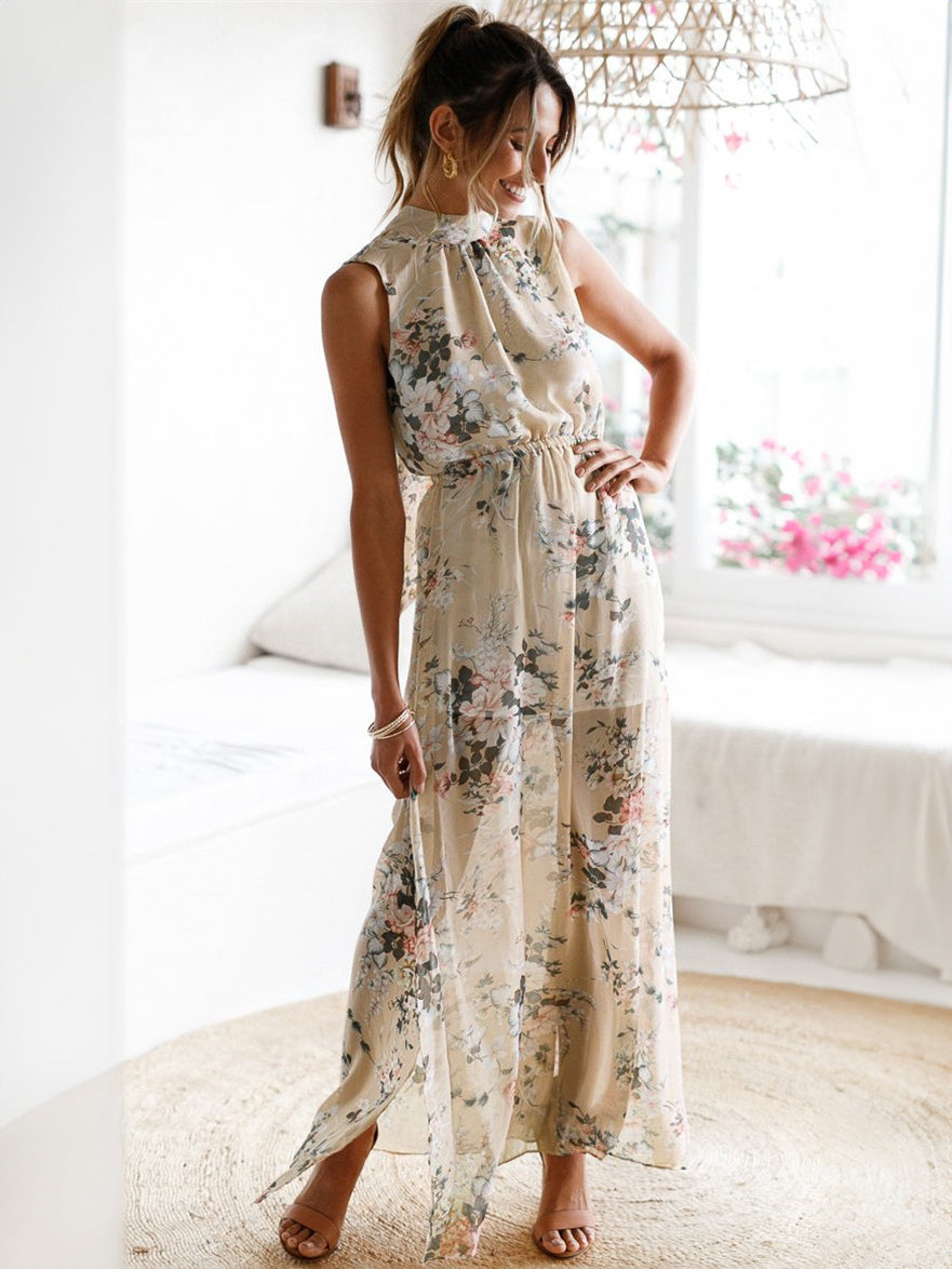 Boho Maxi Dress Floral Print Chiffon High Collar Split Soft Pink Summer Long Dress For Women