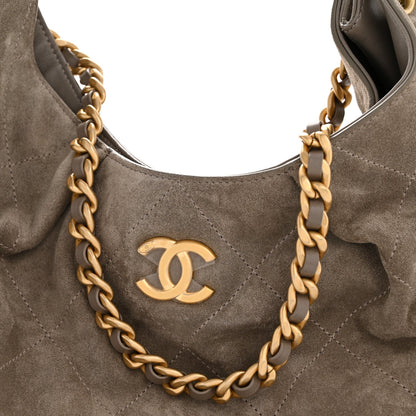 Suede Calfskin Lambskin Quilted Maxi Hobo Grey