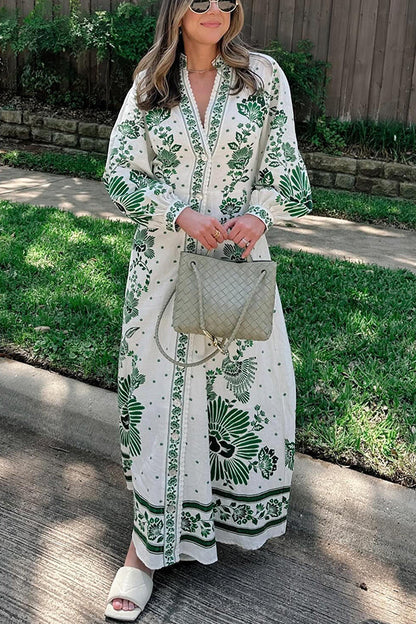 Vestido camisero largo de manga larga con botones y estampado único