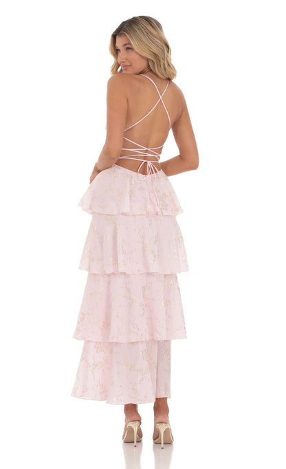 Crinkle Foiled Floral Maxi Dress in Pink