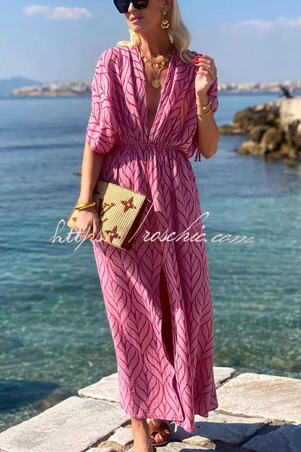 Shells By The Coast Printed Drawstring Design Kimono Beach Maxi Dress