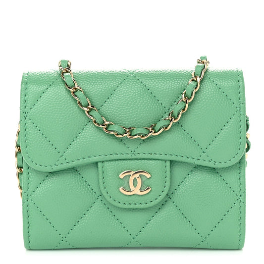 Caviar Quilted Flap Card Holder On Chain Light Green