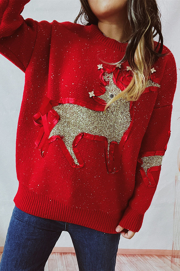 Suéter de punto de cuello redondo y manga larga con estampado navideño