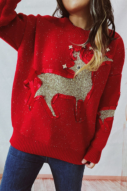 Suéter de punto de cuello redondo y manga larga con estampado navideño