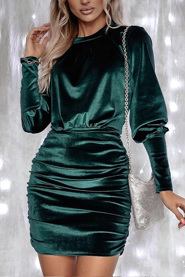 Vestido ajustado fruncido con mangas abullonadas de terciopelo verde 